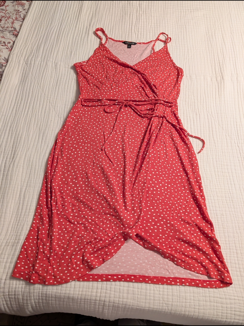 41 Hawthorn Coral Pink Polka Dot Wrap Midi Dress